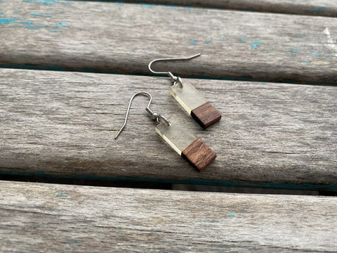Wood and Clear Rectangle-Shaped Acrylic Earrings- Smaller Earrings