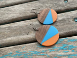 Wood, Blue, and Orange Acrylic Earrings