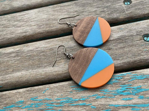 Wood, Blue, and Orange Acrylic Earrings