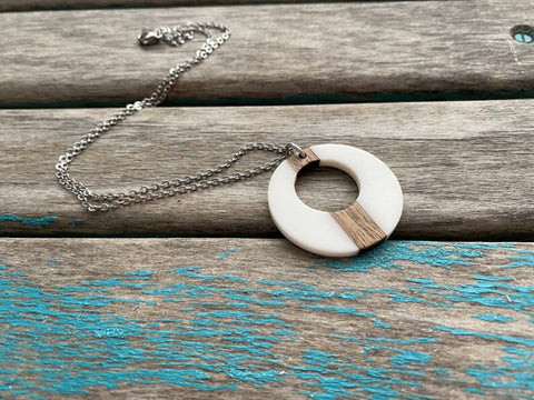 White and Wood Circle Pendant Necklace