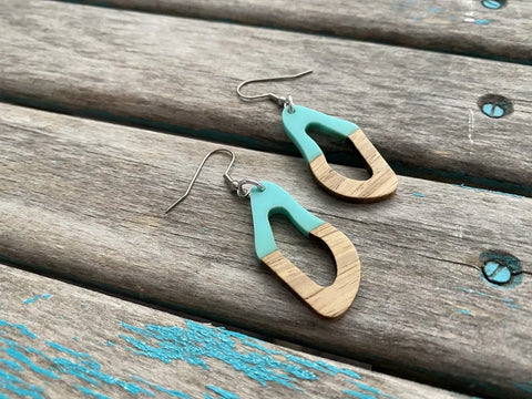 Wood and Opaque Mint/Turquoise Acrylic Earrings -Abstract Open Oval-Style