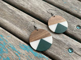 Wood, White, and Green Circle Acrylic Earrings