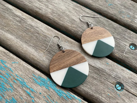 Wood, White, and Green Circle Acrylic Earrings