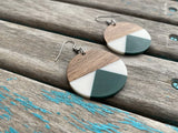 Wood, White, and Green Circle Acrylic Earrings