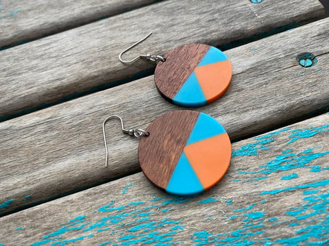 Wood, Orange, and Turquoise Acrylic Earrings