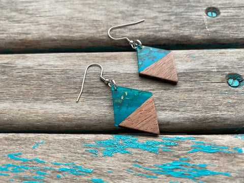 Wood and Transparent Turquoise with Flecks, Diamond-Shaped Acrylic Earrings