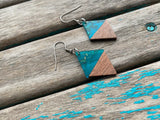 Wood and Transparent Turquoise with Flecks, Diamond-Shaped Acrylic Earrings