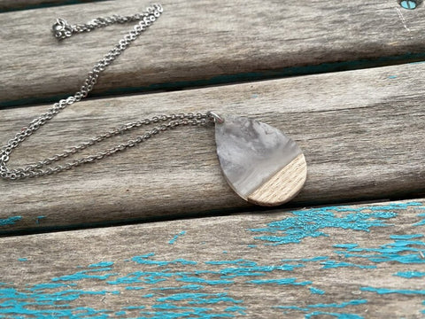 Wood and Smokey Teardrop Pendant Necklace