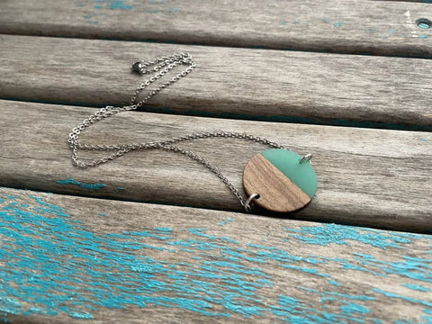 Wood and Mint Green Pendant Necklace