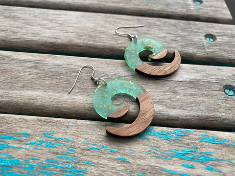 Spiral Wood and Light Minty Green with Gold Flecks Acrylic Earrings