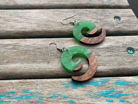 Spiral Wood and Marbled Green Acrylic Earrings