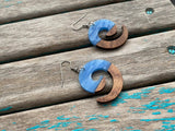 Spiral Wood and Marbled Blue Acrylic Earrings