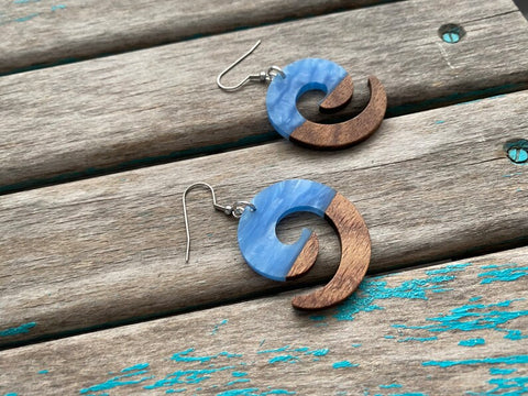 Spiral Wood and Marbled Blue Acrylic Earrings