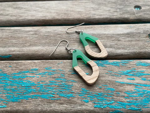 Wood and Green Acrylic Earrings -Abstract Open Oval-Style