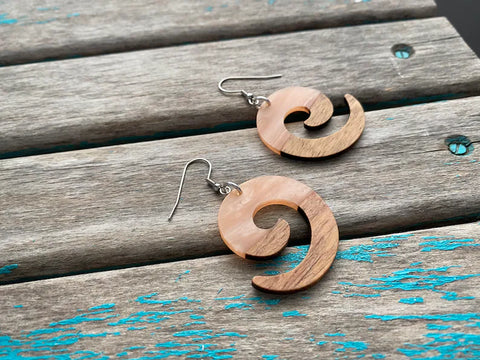 Spiral Wood and Marbled Peach Acrylic Earrings
