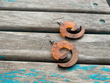 Spiral Wood and Light Transparent Orange/Peach with Gold Flecks Acrylic Earrings