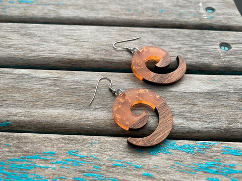 Spiral Wood and Light Transparent Orange/Peach with Gold Flecks Acrylic Earrings