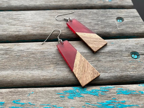 Long Wood and Red Acrylic Earrings