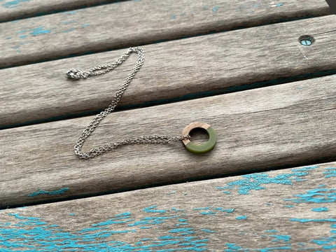 Wood and Green Small, Ring-Style Pendant Necklace