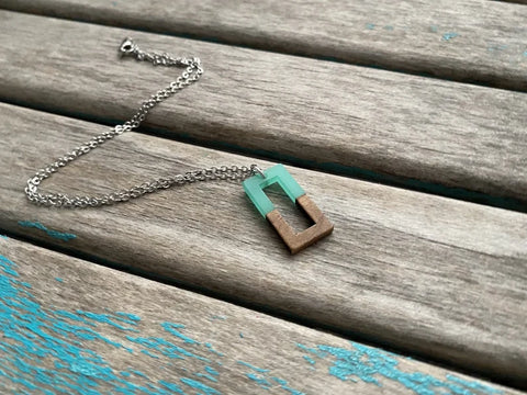 Wood and Mint Green Rectangle Pendant Necklace
