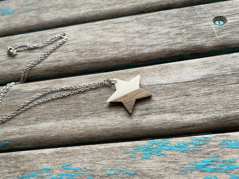 Wood and White Star Pendant Necklace