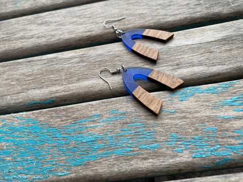 Wood and Blue Earrings - Arch/Rainbow Style