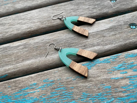 Wood and Mint Earrings - Arch/Rainbow Style