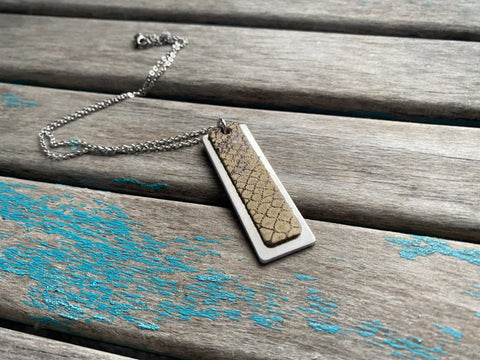 Textured Tan Leather Necklace - Silver Metal Pendant