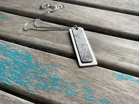 Splotched Leather & Silver Necklace - Modern Metal Pendant
