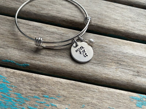 Hand-Stamped 'Work For It' Bangle Bracelet with Accent Bead