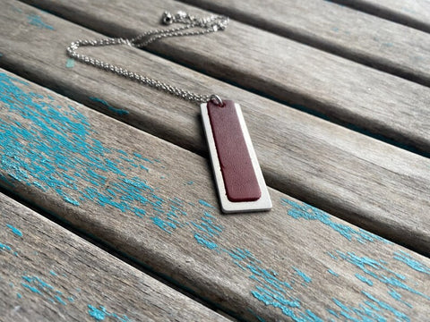 Red Leather and Brushed Aluminum Necklace