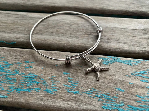 SALE- Starfish Charm Bangle Bracelet - Adjustable Bracelet