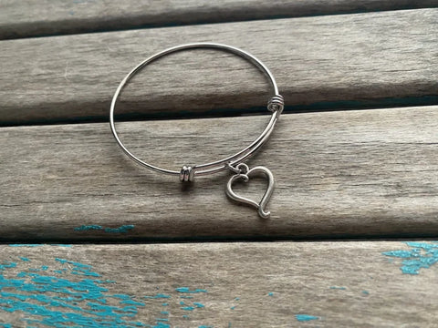 SALE- Heart Charm Bangle Bracelet - Adjustable Bracelet