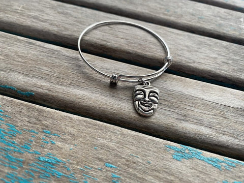Drama Mask Charm Bangle Bracelet - Adjustable Theater Jewelry