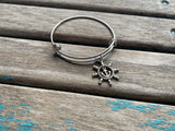 SALE- Ship's Helm Charm Bangle Bracelet - Adjustable Nautical Jewelry