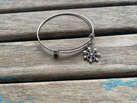 SALE- Snowflake Charm Bangle Bracelet - Adjustable Winter Jewelry