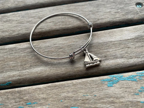 SALE- Sailboat Charm Bangle Bracelet - Adjustable Bracelet