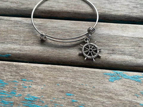 SALE- Ship's Helm Charm Bangle Bracelet - Adjustable Bracelet
