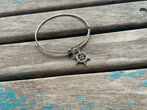 SALE- Ship's Helm Charm Bangle Bracelet - Adjustable Bracelet