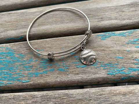 SALE- Baseball Charm Bangle Bracelet - Adjustable Bracelet