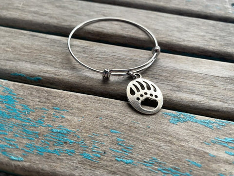 SALE- Bear Paw Charm Bangle Bracelet - Adjustable