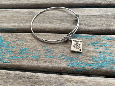 SALE- Passport Charm Bangle Bracelet - Adjustable Bracelet