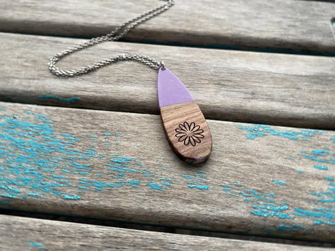 Wood and Purple Long Teardrop Pendant Necklace with Engraved Floral Detailing