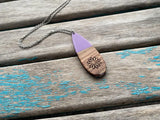 Wood and Purple Long Teardrop Pendant Necklace with Engraved Floral Detailing