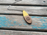 Wood and Yellow Long Teardrop Pendant Necklace with Engraved Floral Detailing
