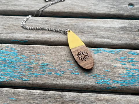 Wood and Yellow Long Teardrop Pendant Necklace with Engraved Floral Detailing