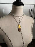 Wood and Yellow Long Teardrop Pendant Necklace with Engraved Floral Detailing
