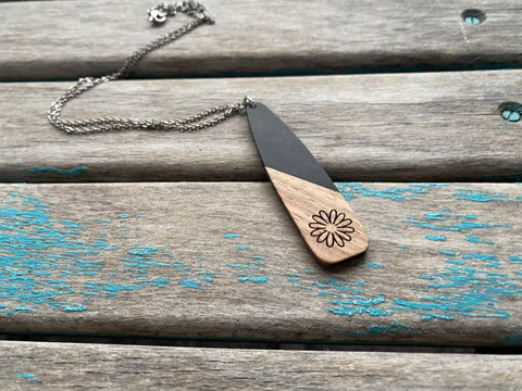 Wood and Black Long Teardrop Pendant Necklace with Engraved Floral Detailing