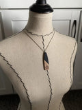 Wood and Black Long Teardrop Pendant Necklace with Engraved Floral Detailing