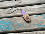 Wood and Purple Long Teardrop Pendant Necklace with Engraved Floral Detailing